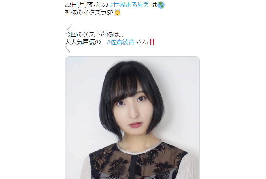 声優・佐倉綾音が11/22放送『世界まる見え！テレビ特捜部』に出演