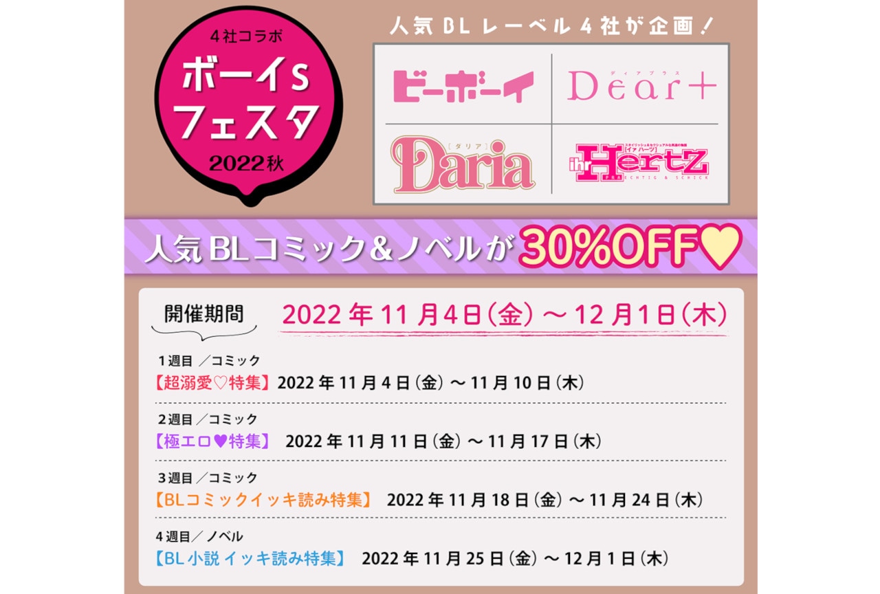 11/4開始のボイフェスでBLコミック&ノベルが30%オフに!